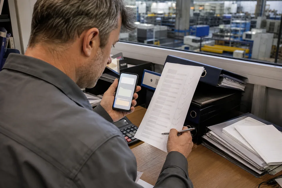 Kontroler finansowy porównuje wydruk listy kontrahentów z powiadomieniami na telefonie