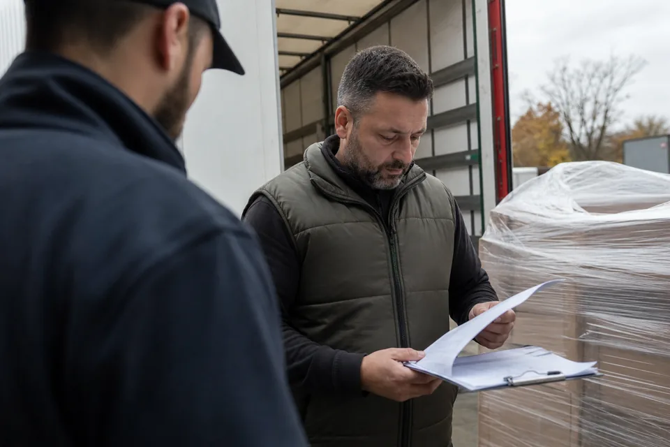 Kierownik magazynu sprawdza dokumenty dostawy przy rampie