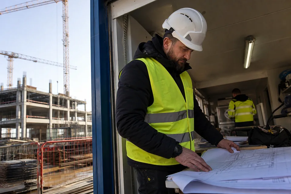 Plac budowy biurowca z kierownikiem budowy nad planami