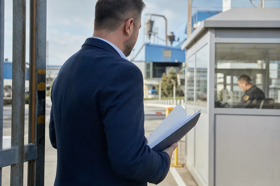 Kupiec przy bramie zakładu z teczką dokumentów spółki, z którą podpisuje umowę